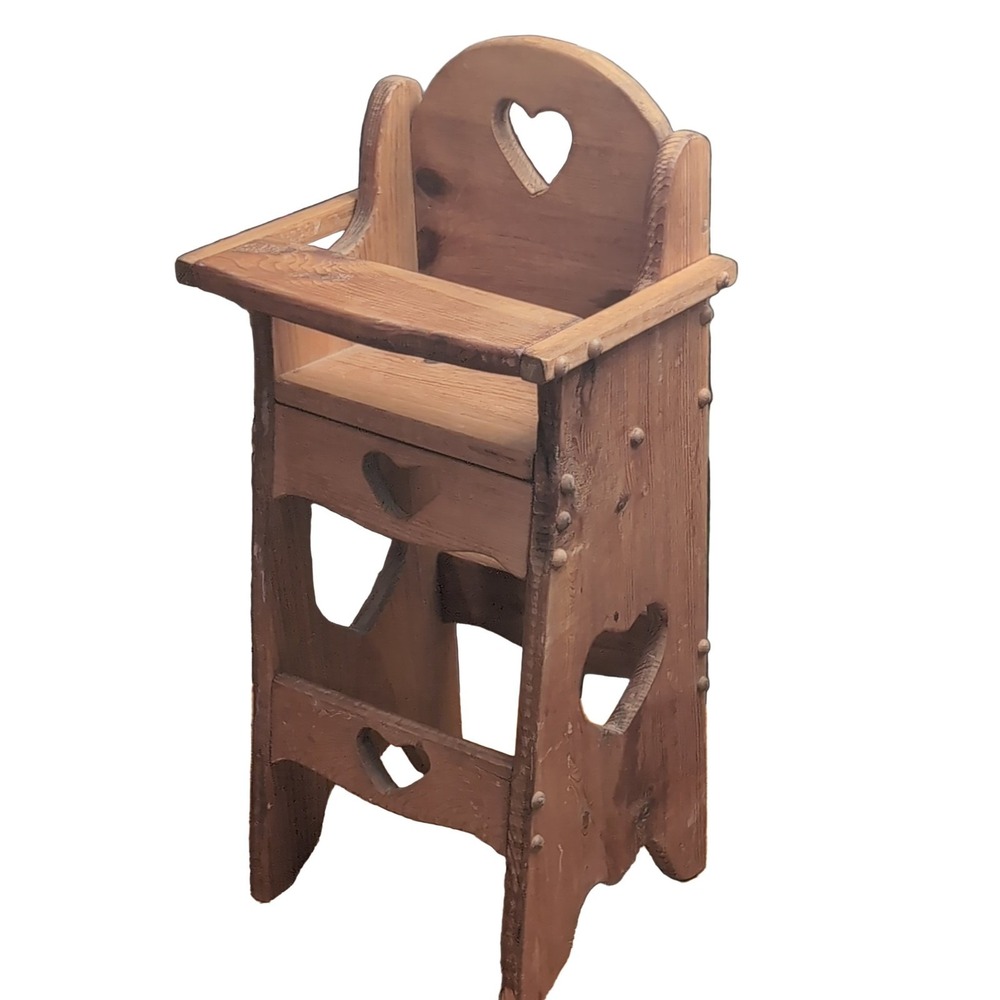 Vintage Wooden Doll High Chair Brown Heart Cutouts Doll Furniture